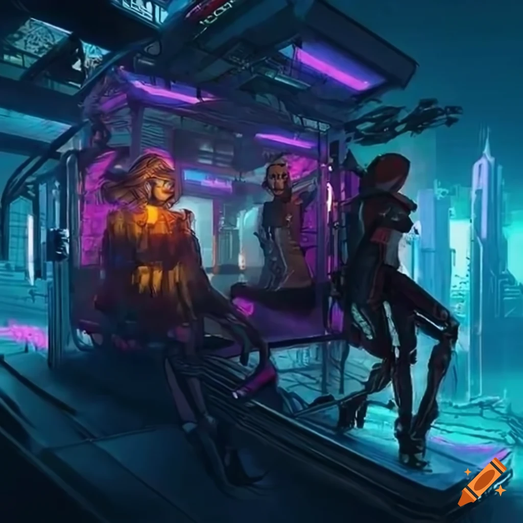 Cyberpunk mobile home with multiple shadowrunners riding on top of