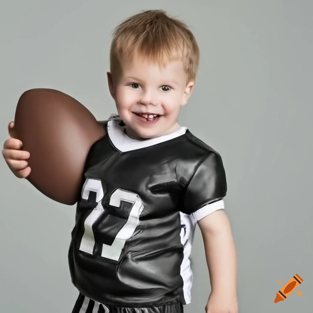 Grinning toddler boy wearing a black leather football jersey and black