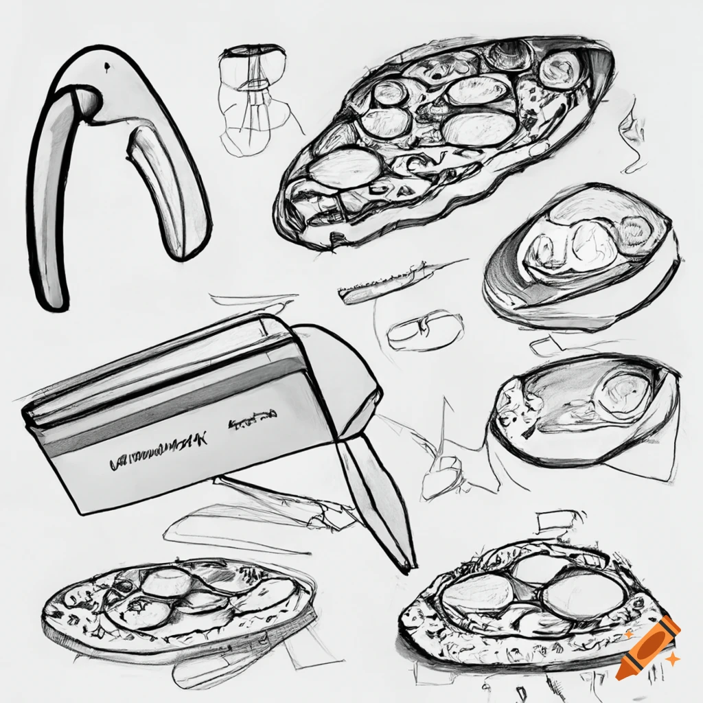 Creative design and concept sketches exploring the redesign of a pizza