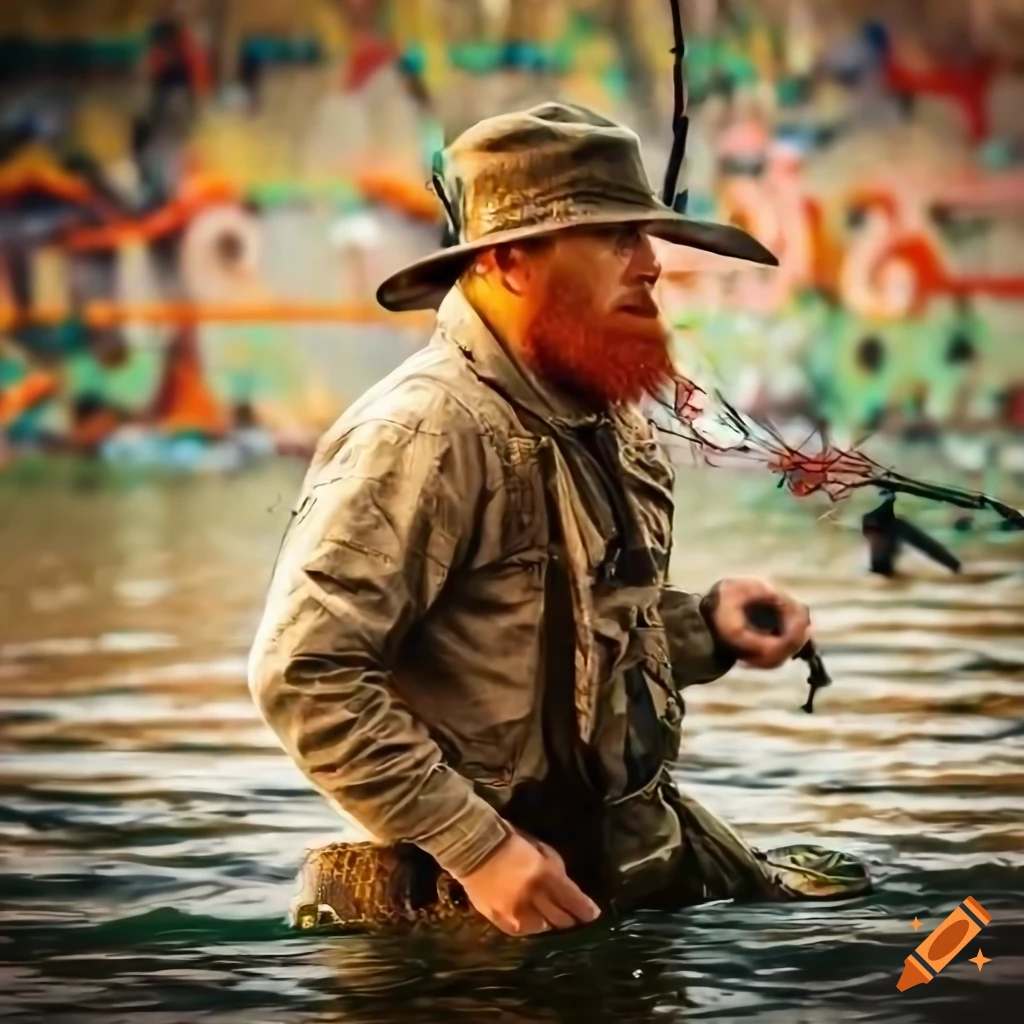Bounty hunter outdoorsman with small red beard fly fishing while