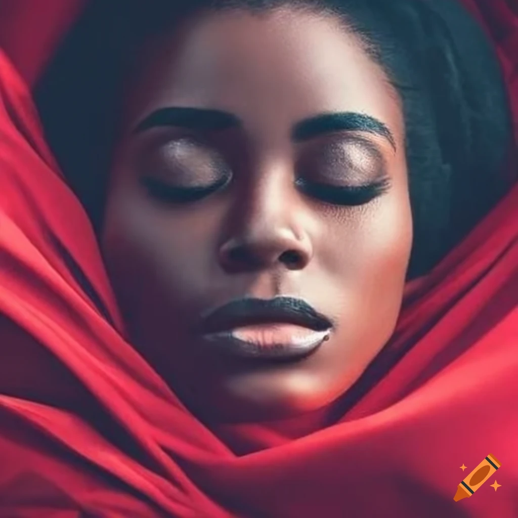 A black woman with black hair, open eyes, lying down covered in a red