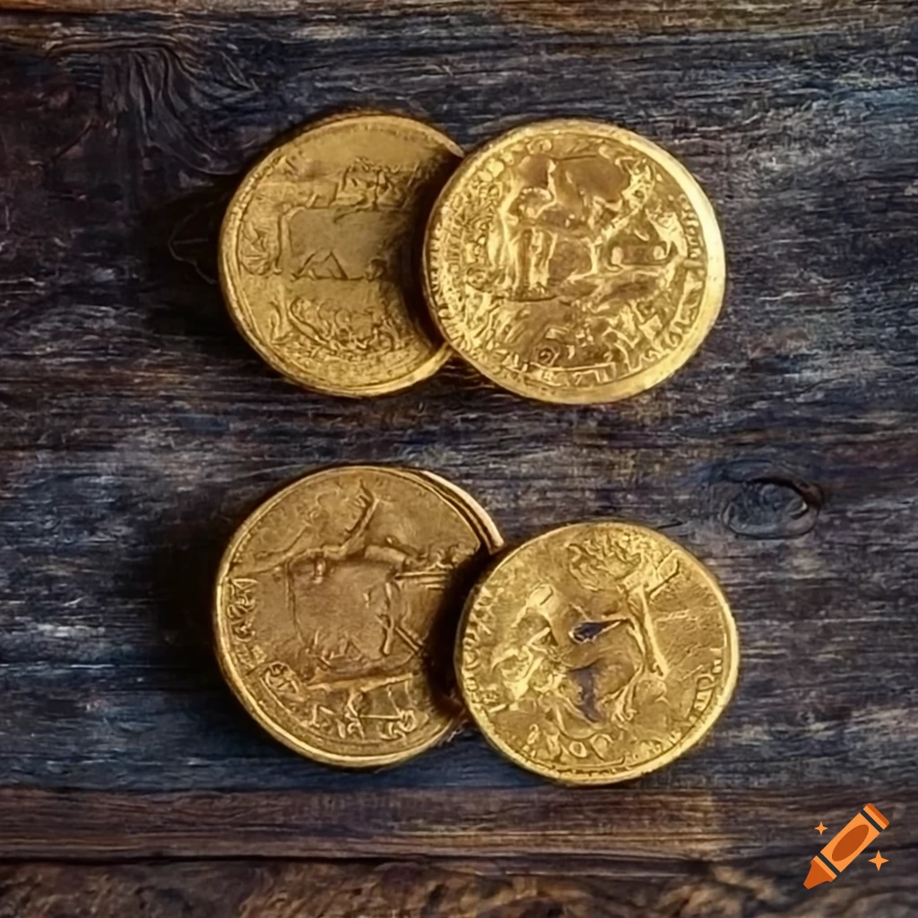 Photograph two gold coins and four rocks with ancient sigils inscribed