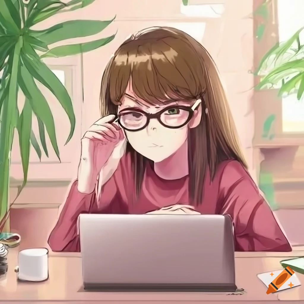grim Til Ni større A girl sitting with laptop in the office, light brown hair, wearing pink  t-shirt, wearing round glasses, plants on desk, in style hayao miyazaki  anime comics