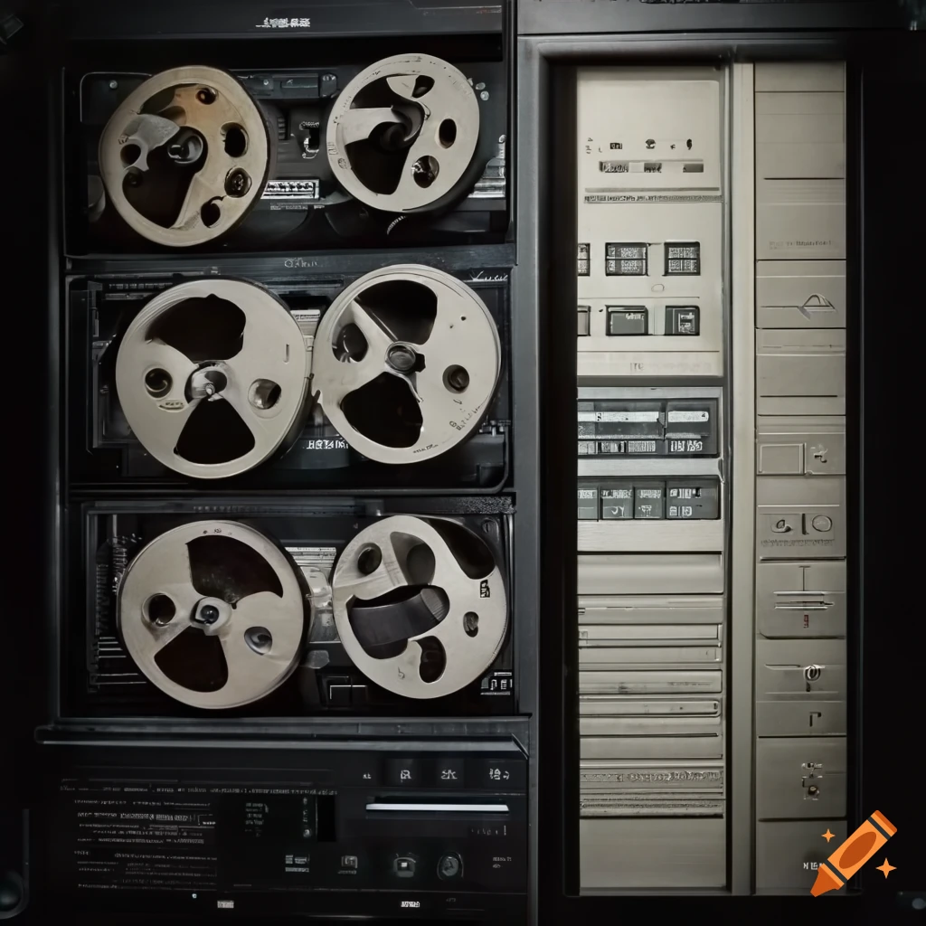 magnetic tape on 10.5-inch reels mounted in pairs in a tape recorder) for  (vintage mainframe-computers) in a banch of racks. night. photorealistic.  highly detailed on Craiyon