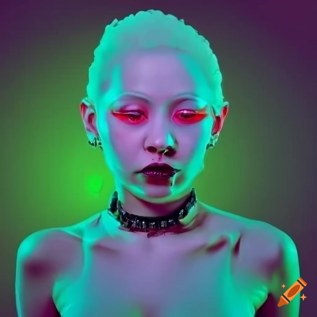 black albino cyborg woman wearing punk fashion. Green Black gradient background