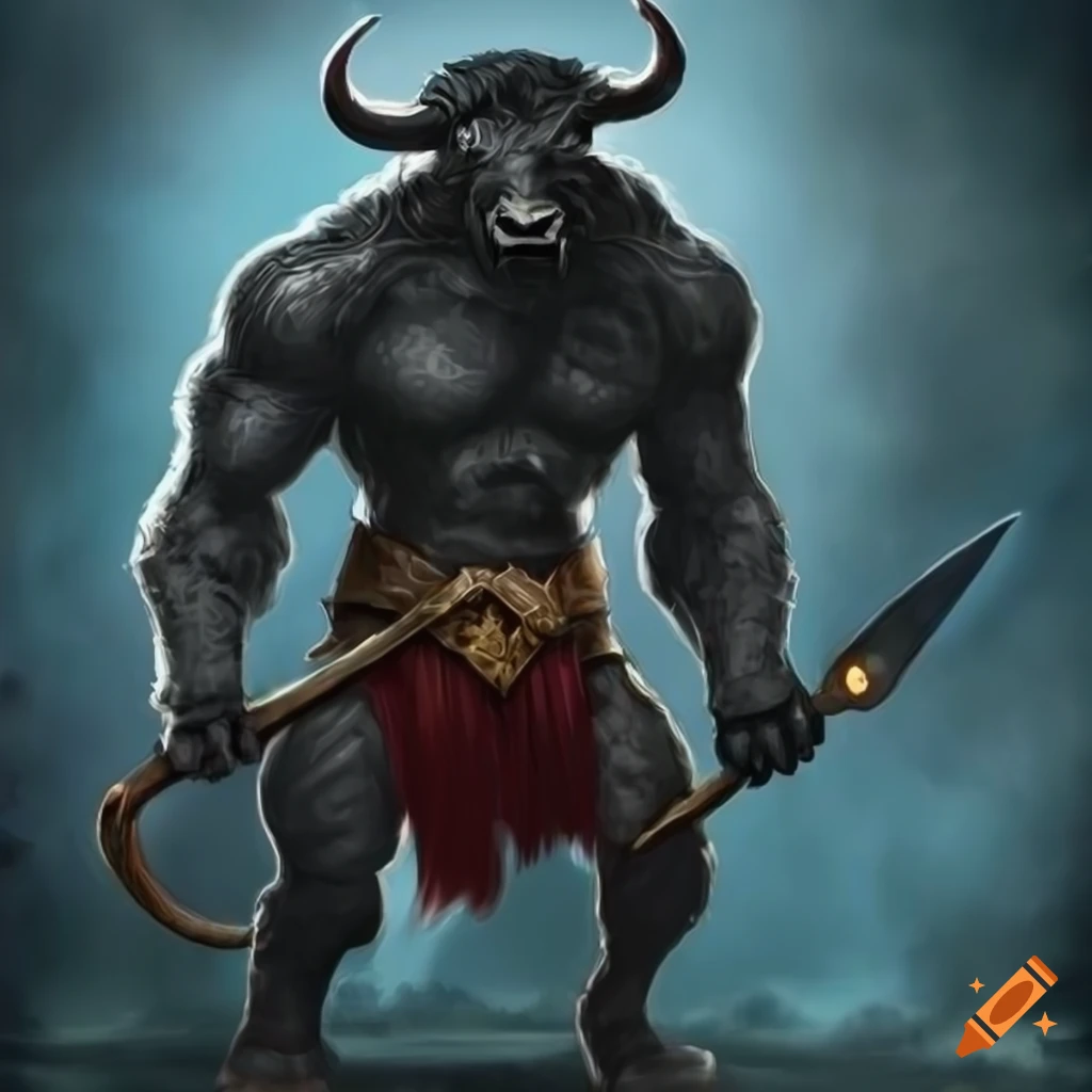 a buff, black greek fantasy minotaur with striking blue eyes, holding a greataxe with two hands