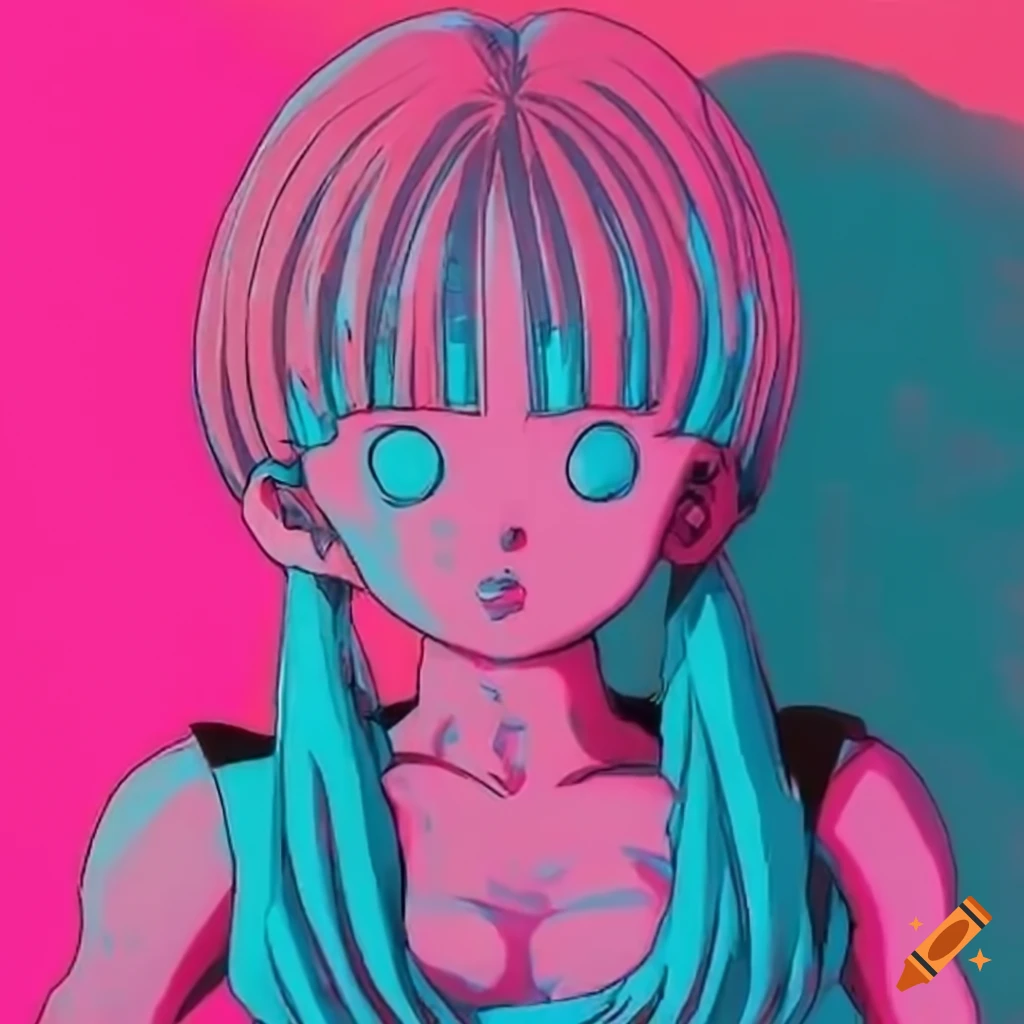 Bulma holding a dragonball, vaporwave theme on Craiyon
