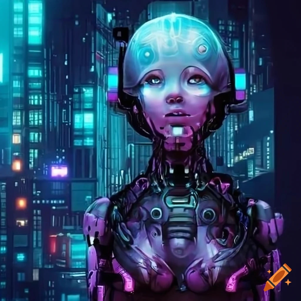 Robot-girl in cyber city