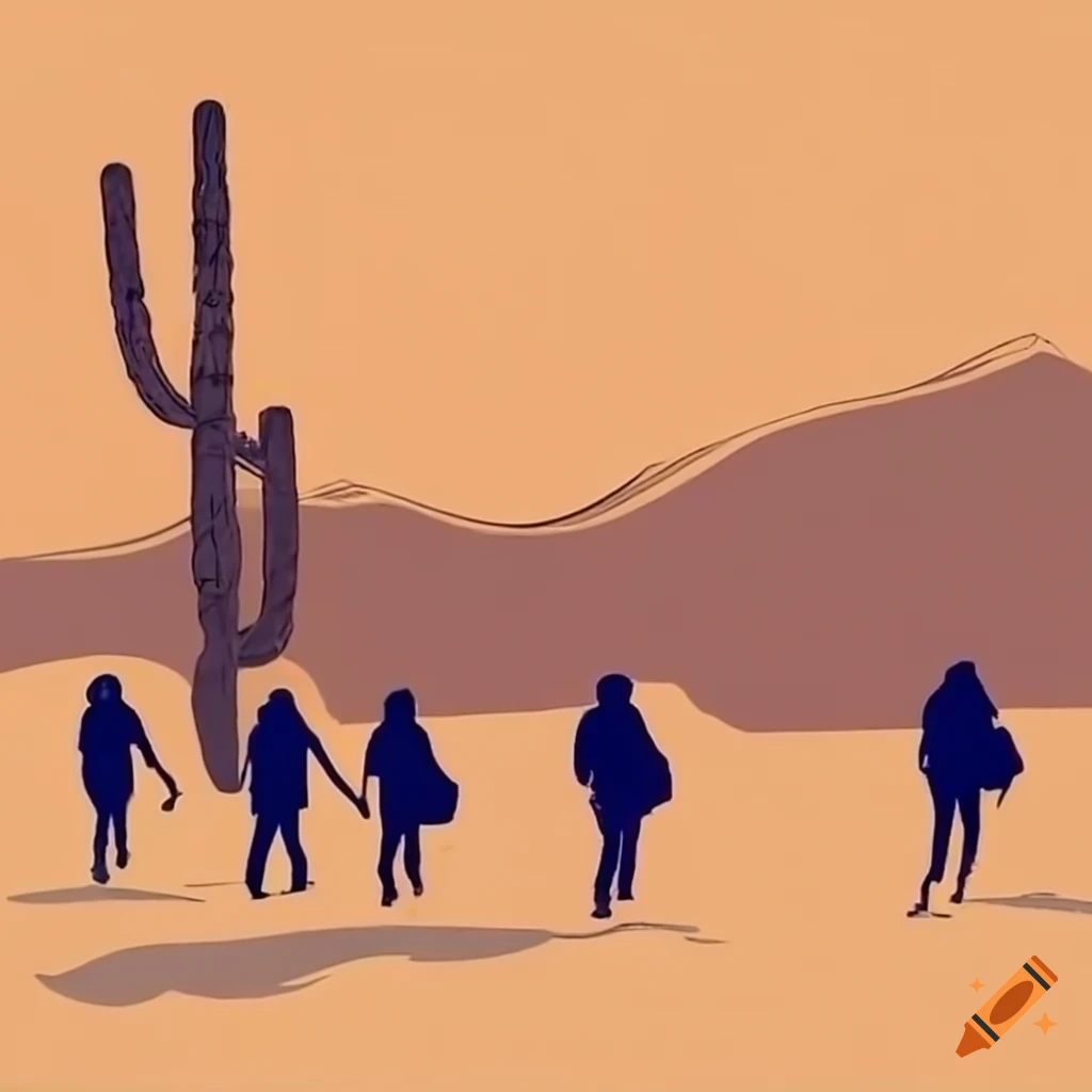 Silhouettes of migrants with backpacks walking in desert toward saguaros with water jugs on the ground