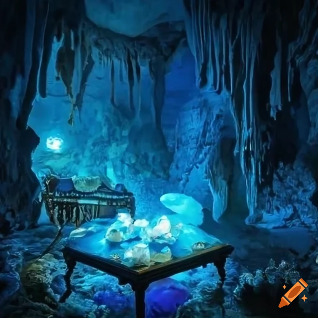 Victorian living room in underground cavern, pool of water, crystals