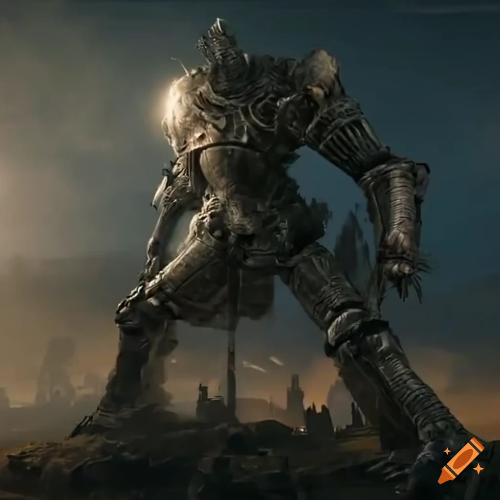 100ft tall giant robot high definition, in the style of elden ring