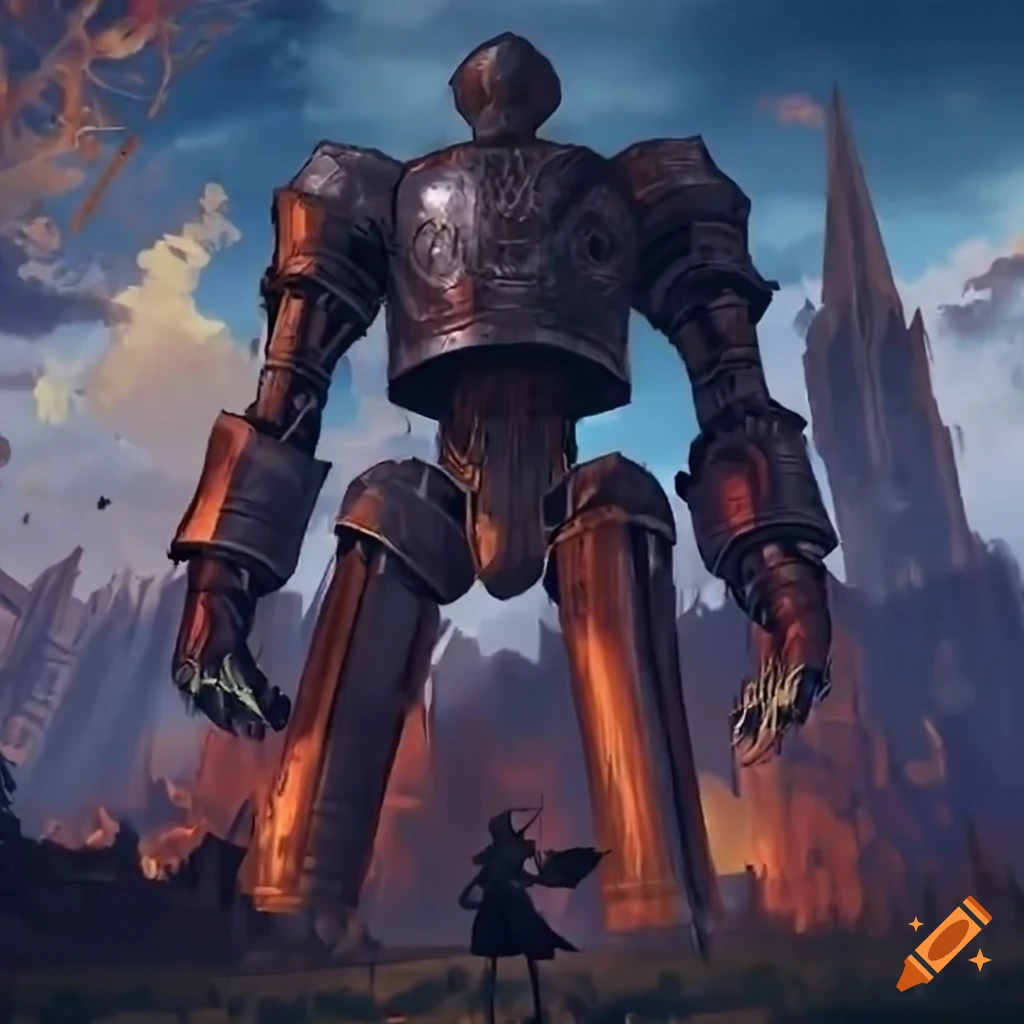 100ft tall giant robot high definition, in the style of elden ring