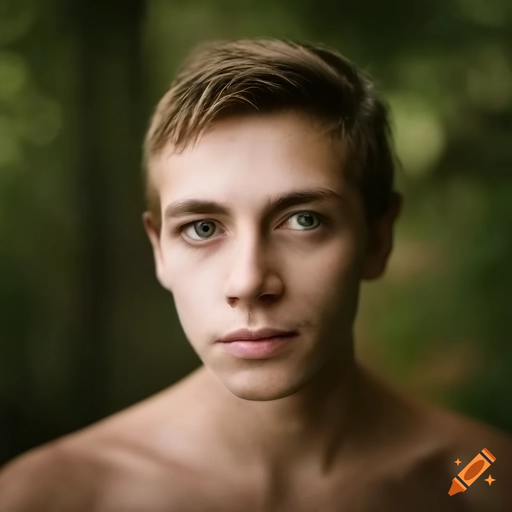 Closeup portrait, young man, in forest, hopeful, positive, natural