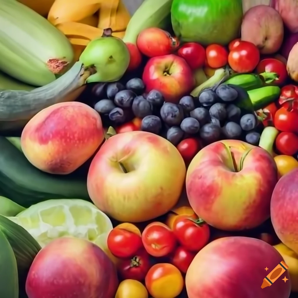 Big pile of fruit of apples, bananas, peaches, berries, tomatoes