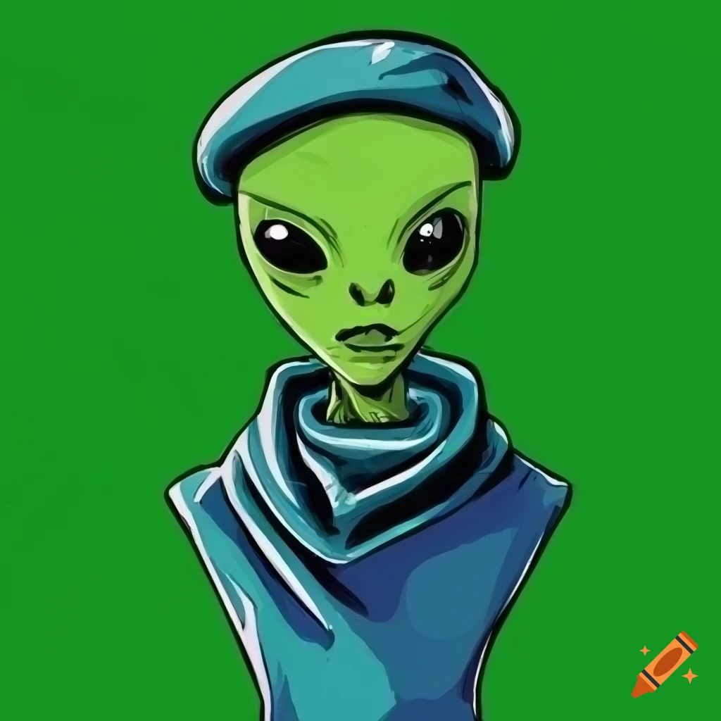 green alien with a poncho and a beret, drawn in comic-book style