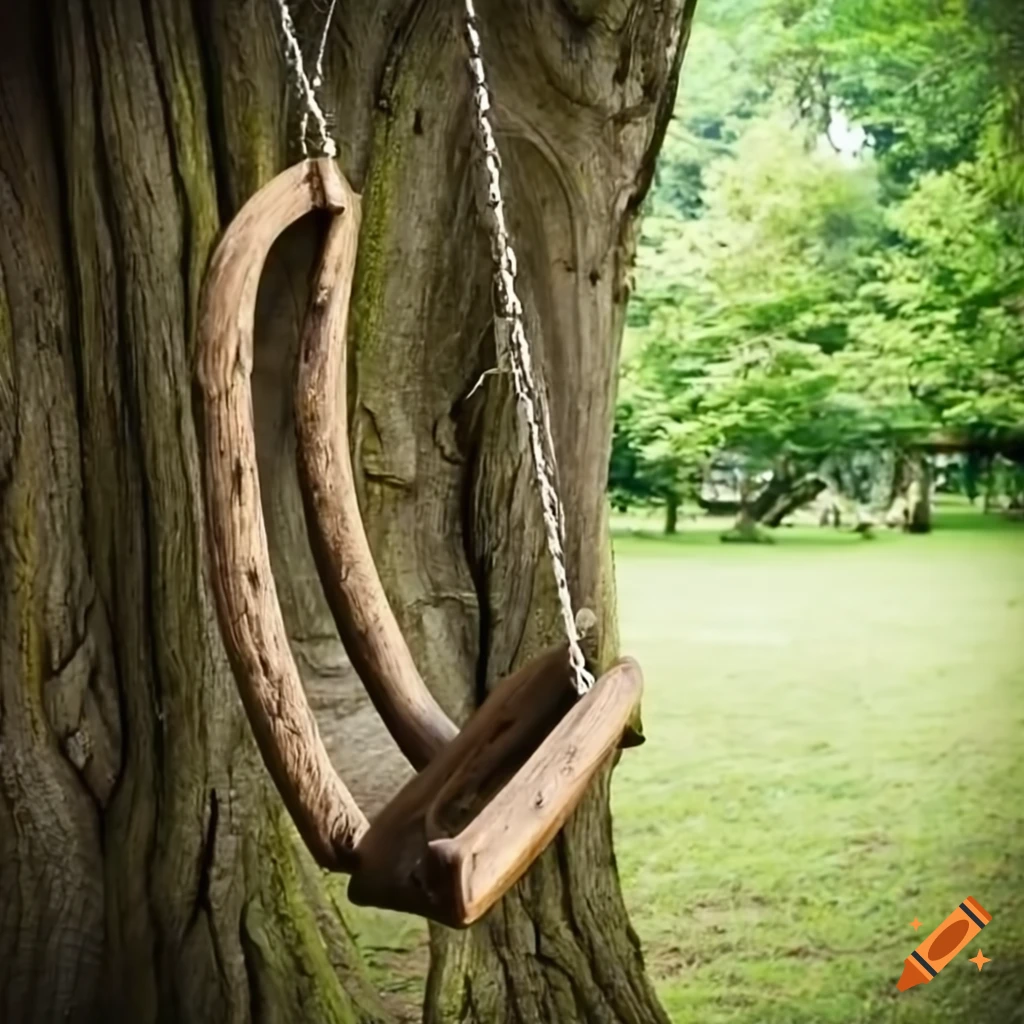 A wooden swing hanging from an ancient tree