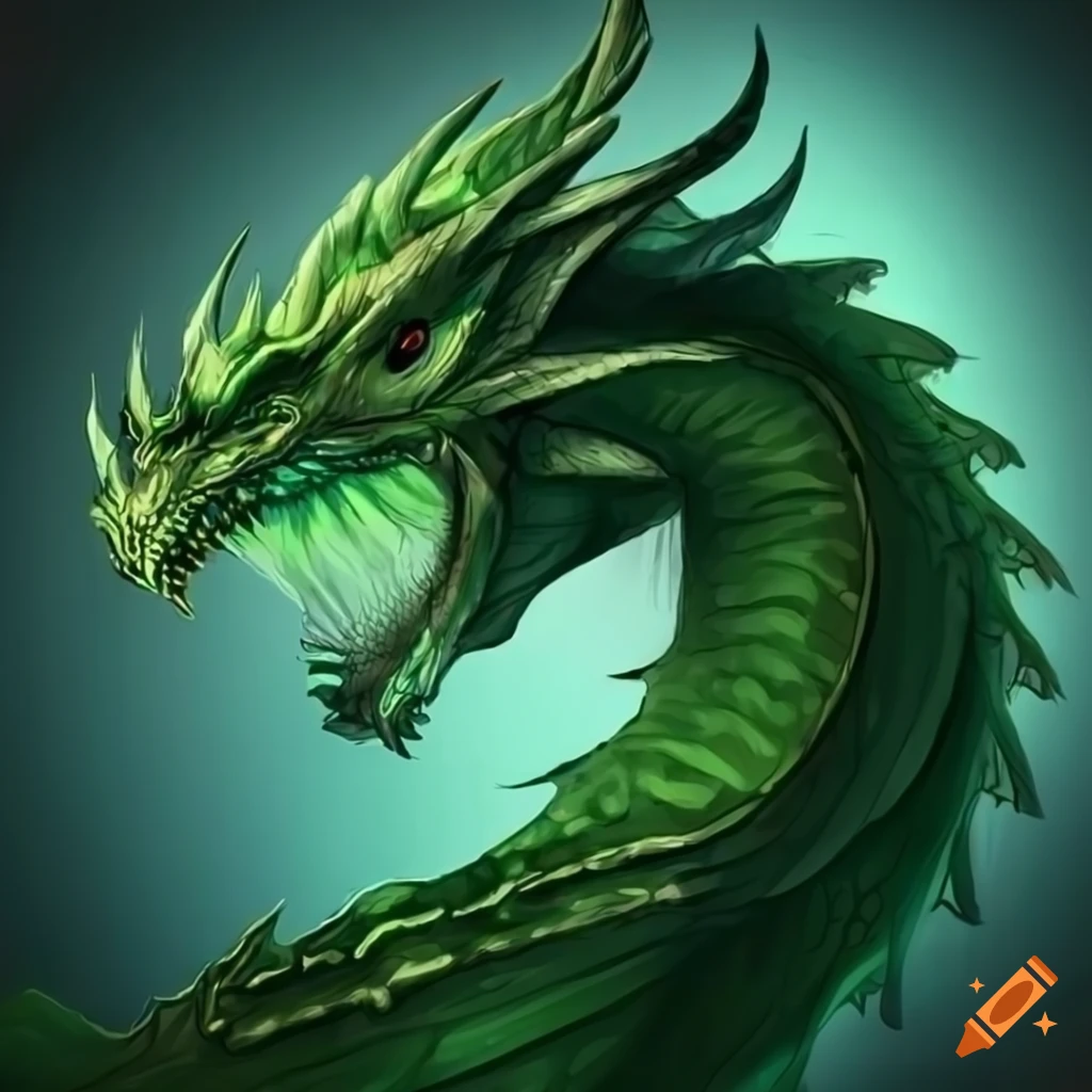 Detailed forest green dragon concept designs from a side view