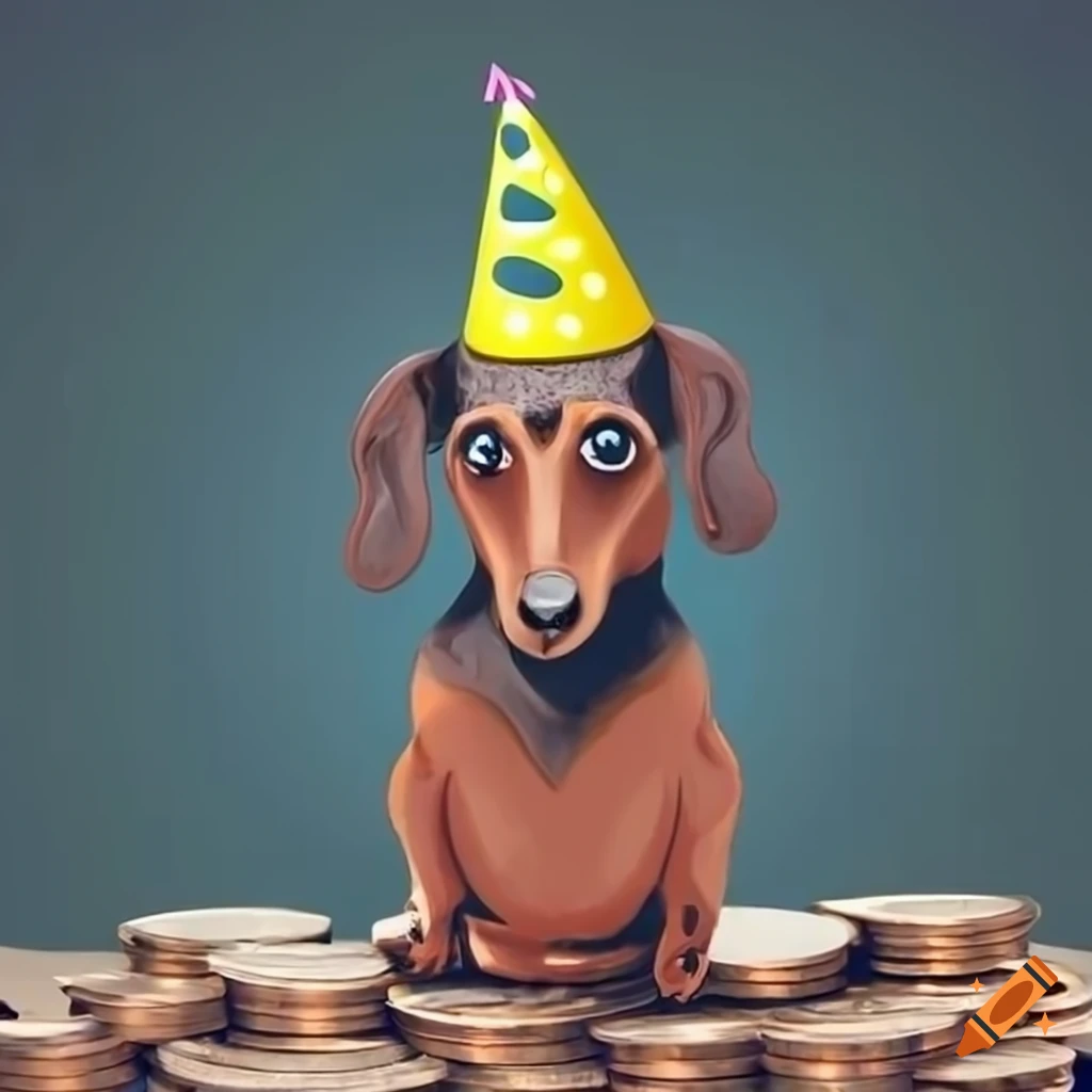 Cute sausage dog on a pile of bronze coins, wearing a black and yellow