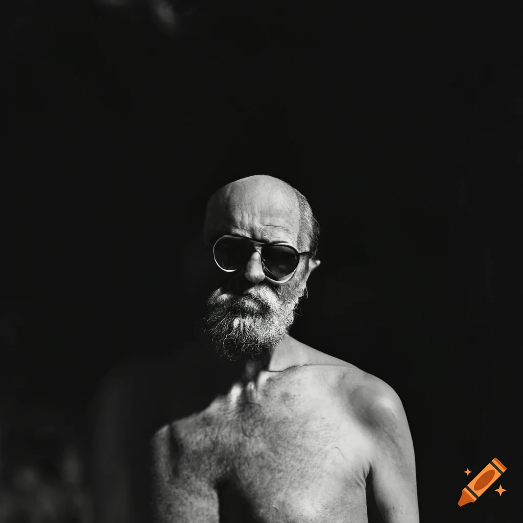 Black and white drawing of an old bald man with a full white beard ...