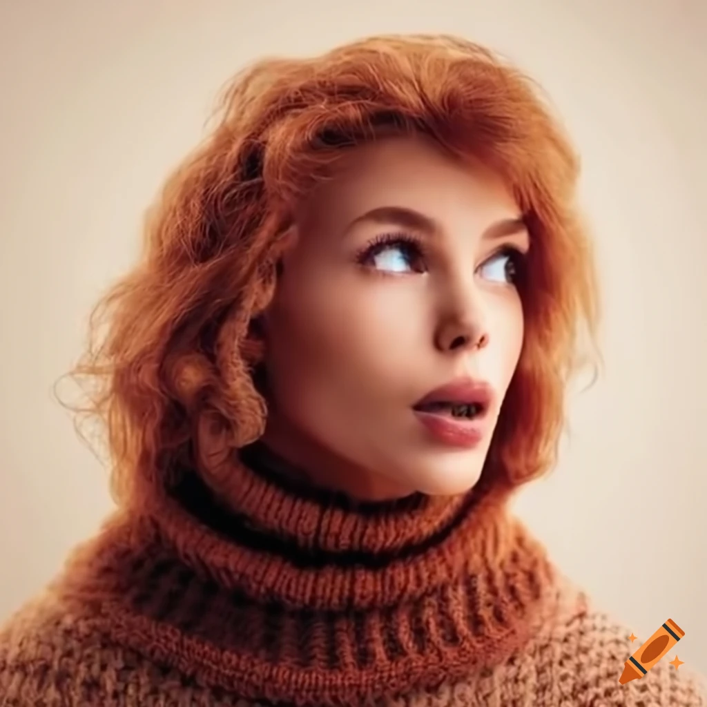 Woman enjoying a fuzzy knit turtleneck sweater