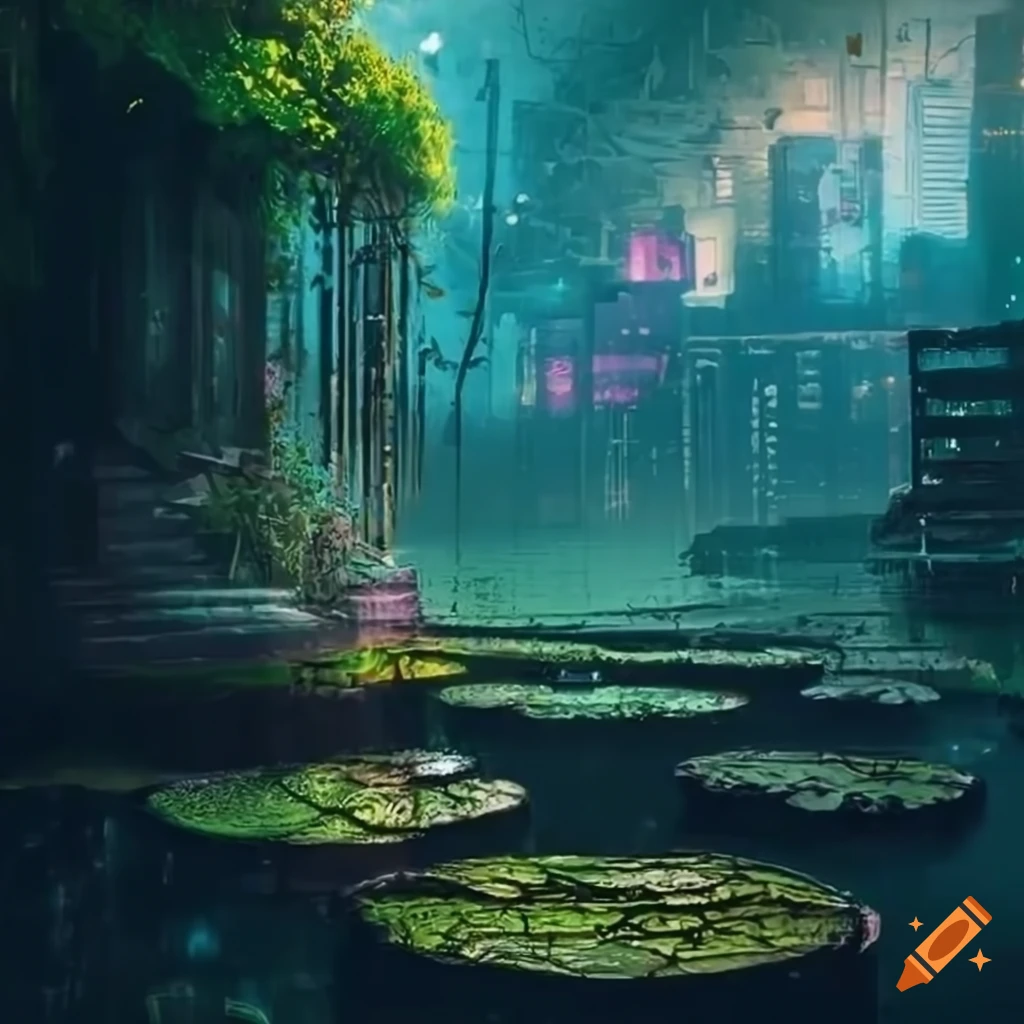 Cyberpunk landscape underground well with lily pads and plants in the rain  on Craiyon