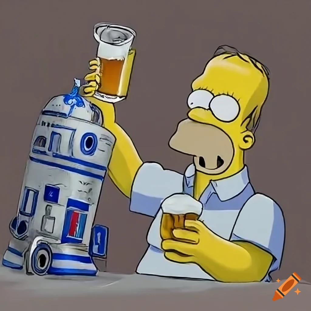 Homer simpson drinking beer with r2d2 city lights on Craiyon