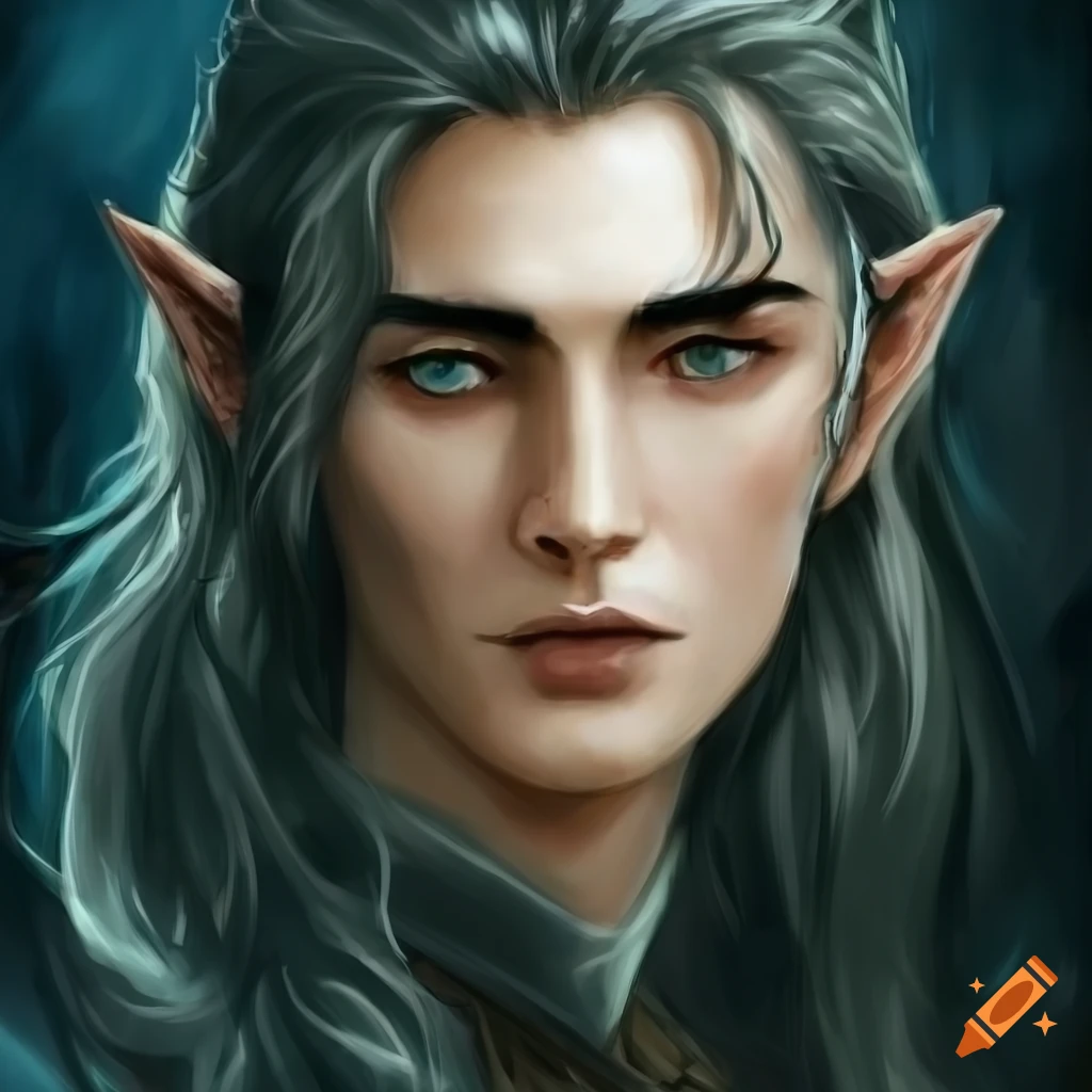 Classic tolkien artwork, male elf, black wavy hair, long hair, sea-like ...