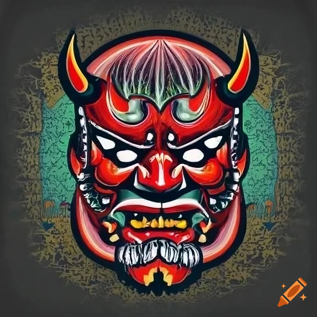 Японская демоническая маска, маска демона в японском стиле, много клыков,  корона из рогов, рога, большие рога, выпирающие клыки, симметричные рога,  симметричные клыки, симметричный нос, симметричный рот, высокое качество,  чёткое изображение, тёмные тона,