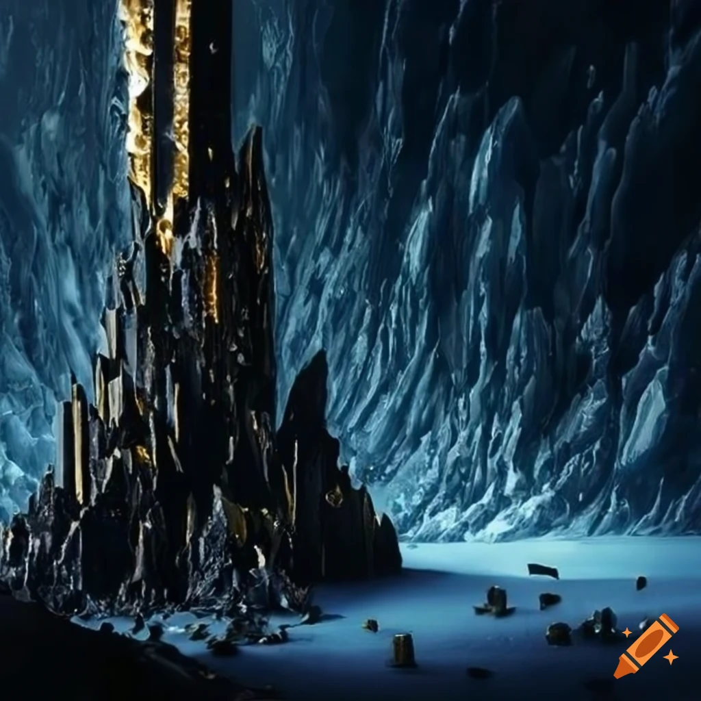 giant crystalline fantasy landscape made of jagged black onyx crystals with shiny gold accents