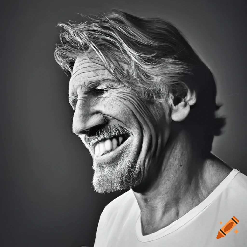side view (profile) portrait of Roger Waters' stupid smile