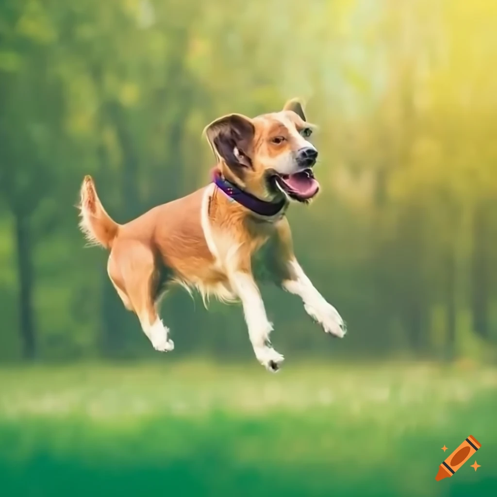 Dog jumping happily in a green field sunny afternoon on Craiyon