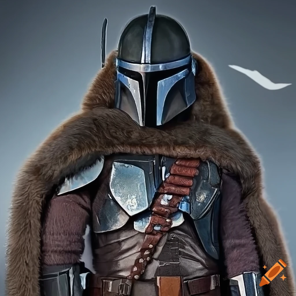 Mandalorian with pure full black armor and black fur cloak and helmet has a  scar on it on Craiyon