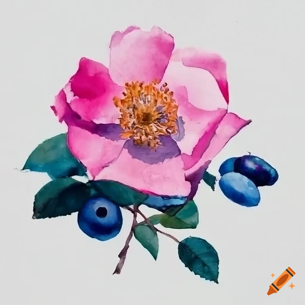 Watercolor painting of a pink rose on a long stem on Craiyon