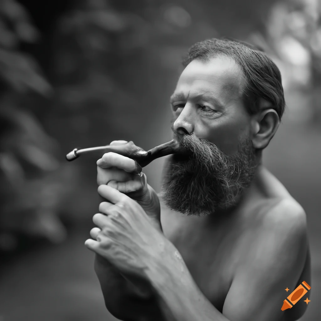 High definition grayscale photo of a man smoking a pipe