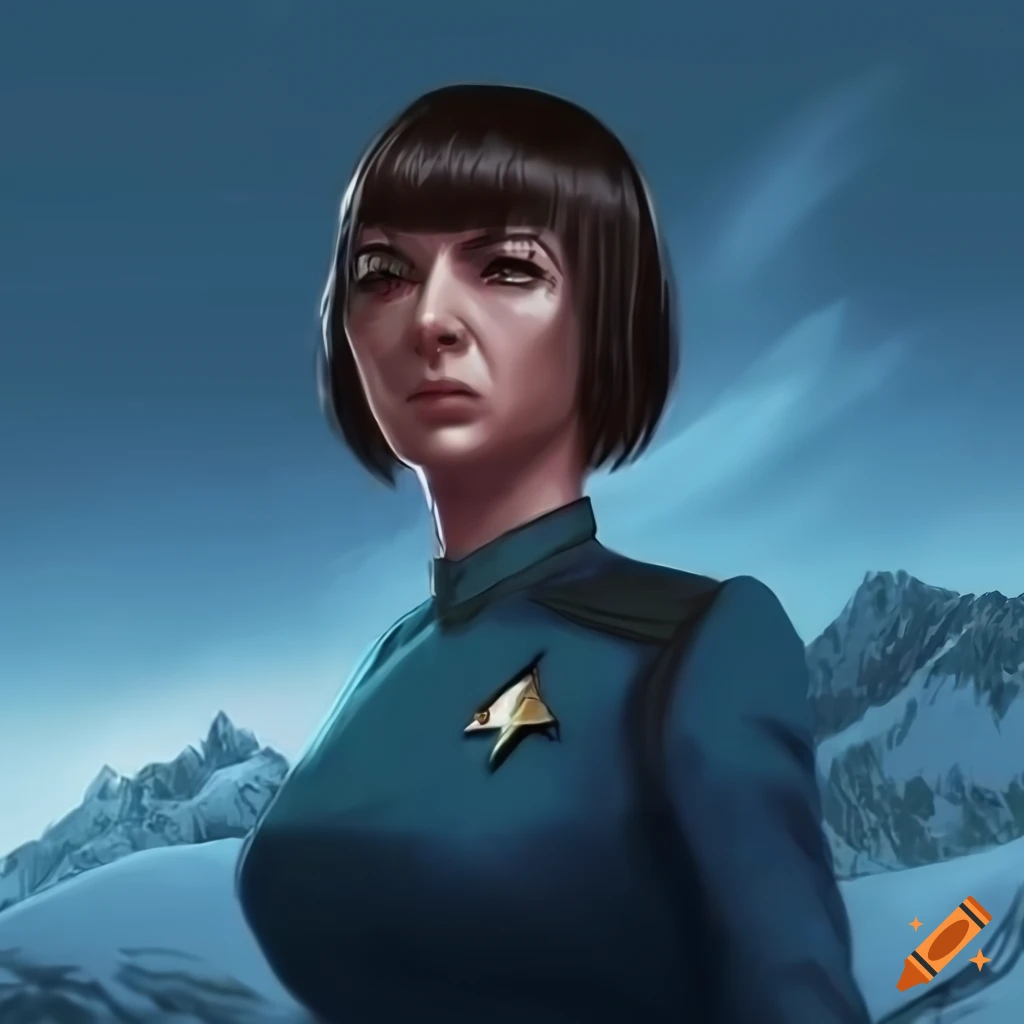 Female spock, vulcan starfleet officer, alpine meadow background ...
