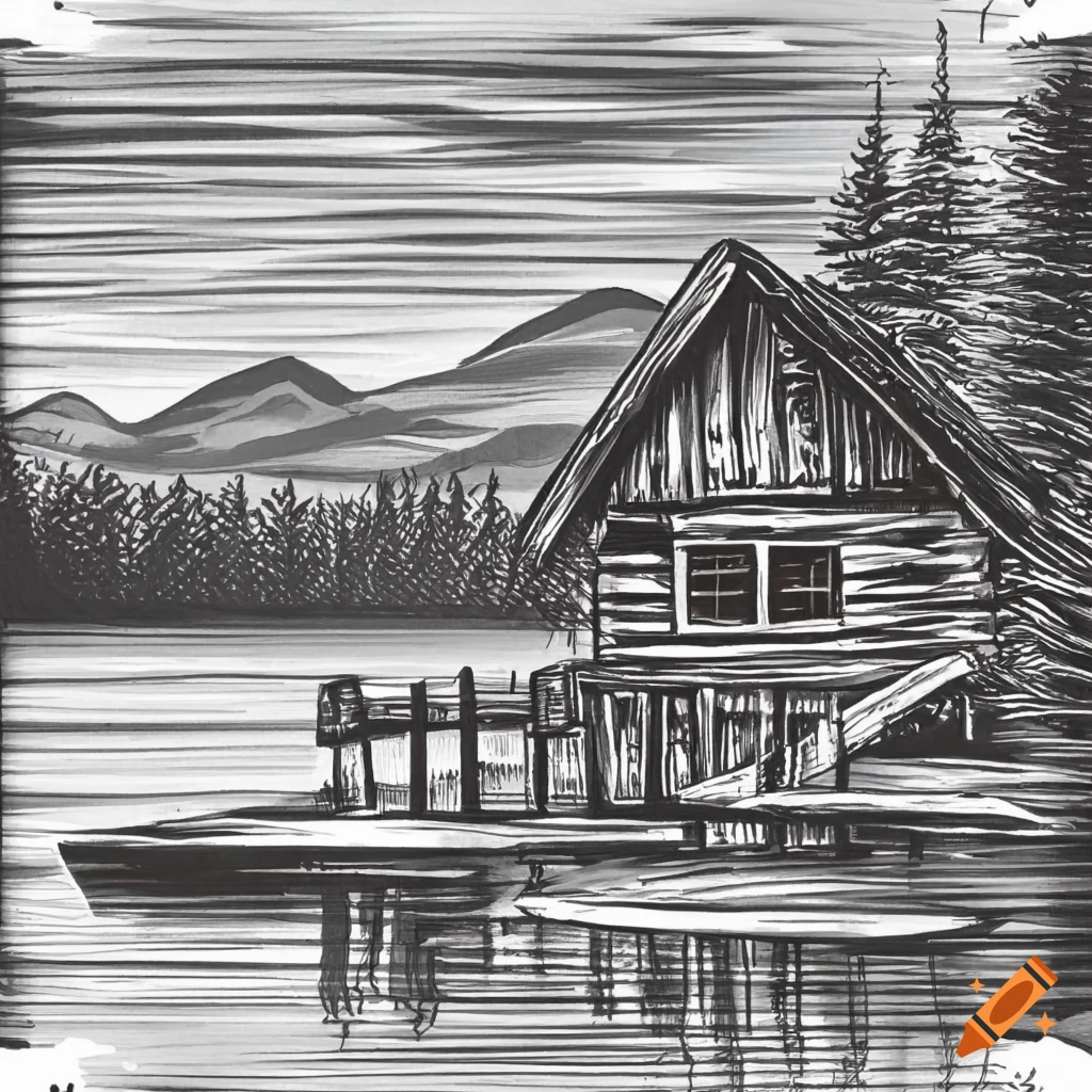 Black and white pencil drawing of a log cabin in on a lake with a fishing  dock in a pine forest with mountains in the background on Craiyon