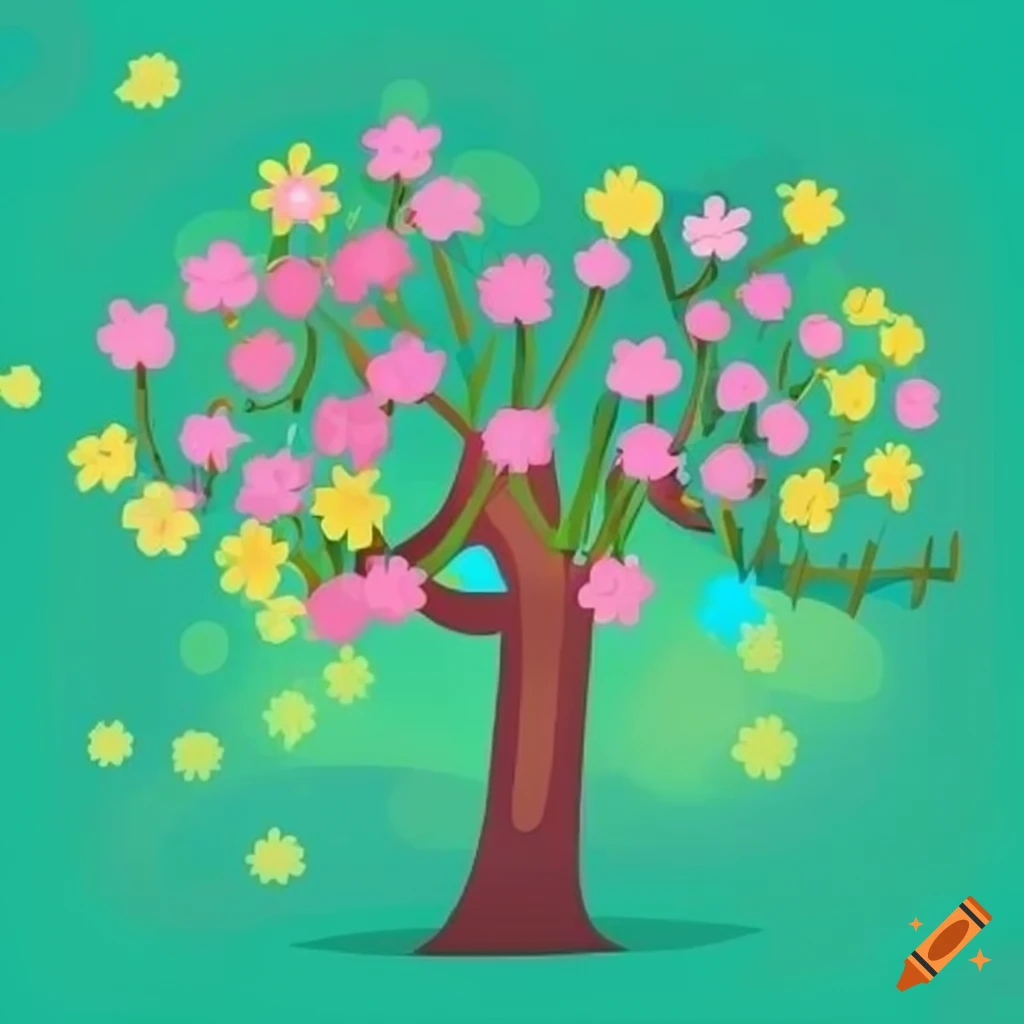2d cartoon trees and flowers with yellow blue light green and light ...
