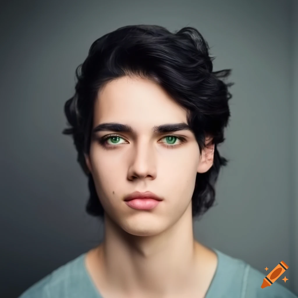 Young man with shoulder length wavy black hair and green eyes on Craiyon