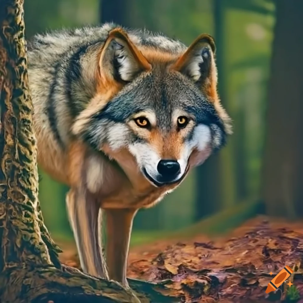 Um lobo cinzento na floresta encantada