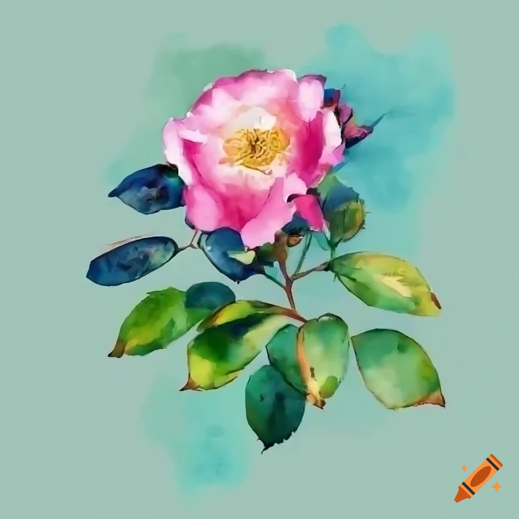 Beautiful digital painting, watercolor, wild rose flower surrounded by ...