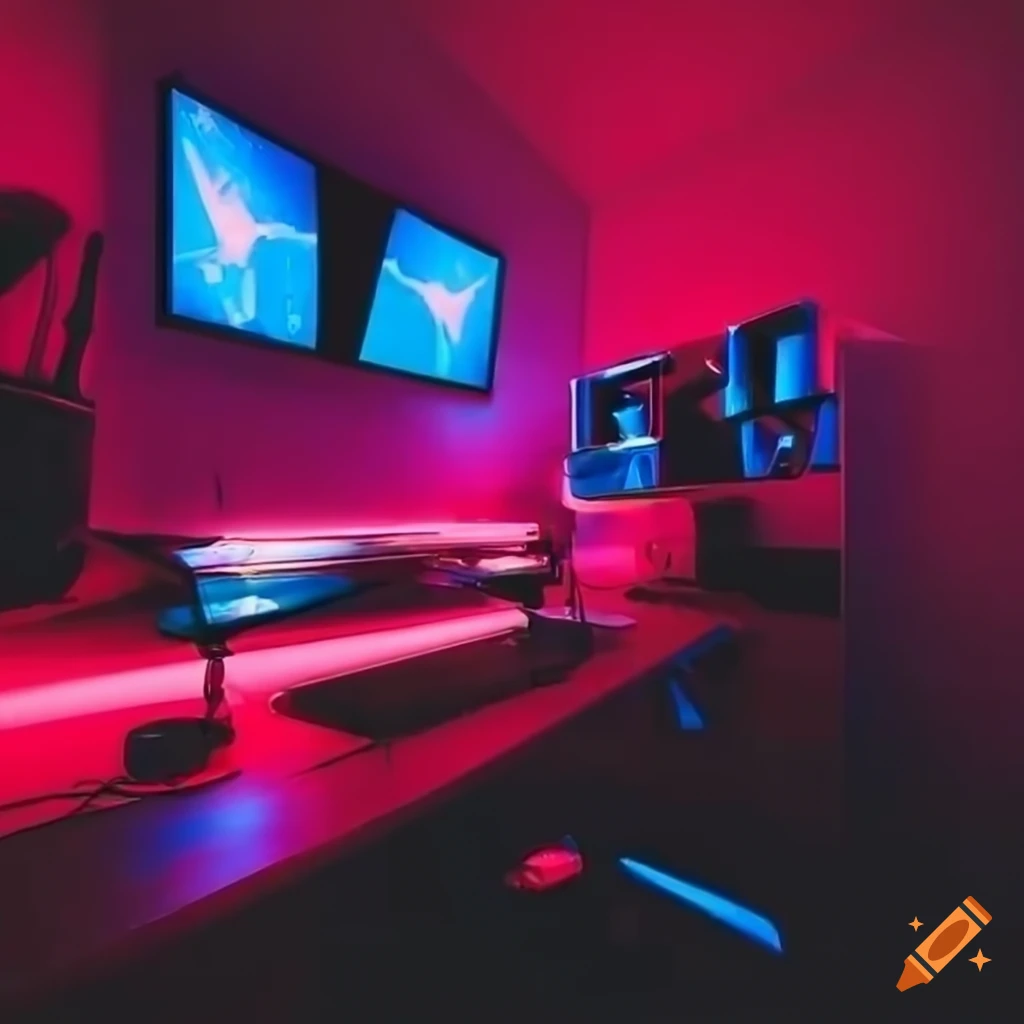 Premium Photo  A gaming room with a pink and blue led light that