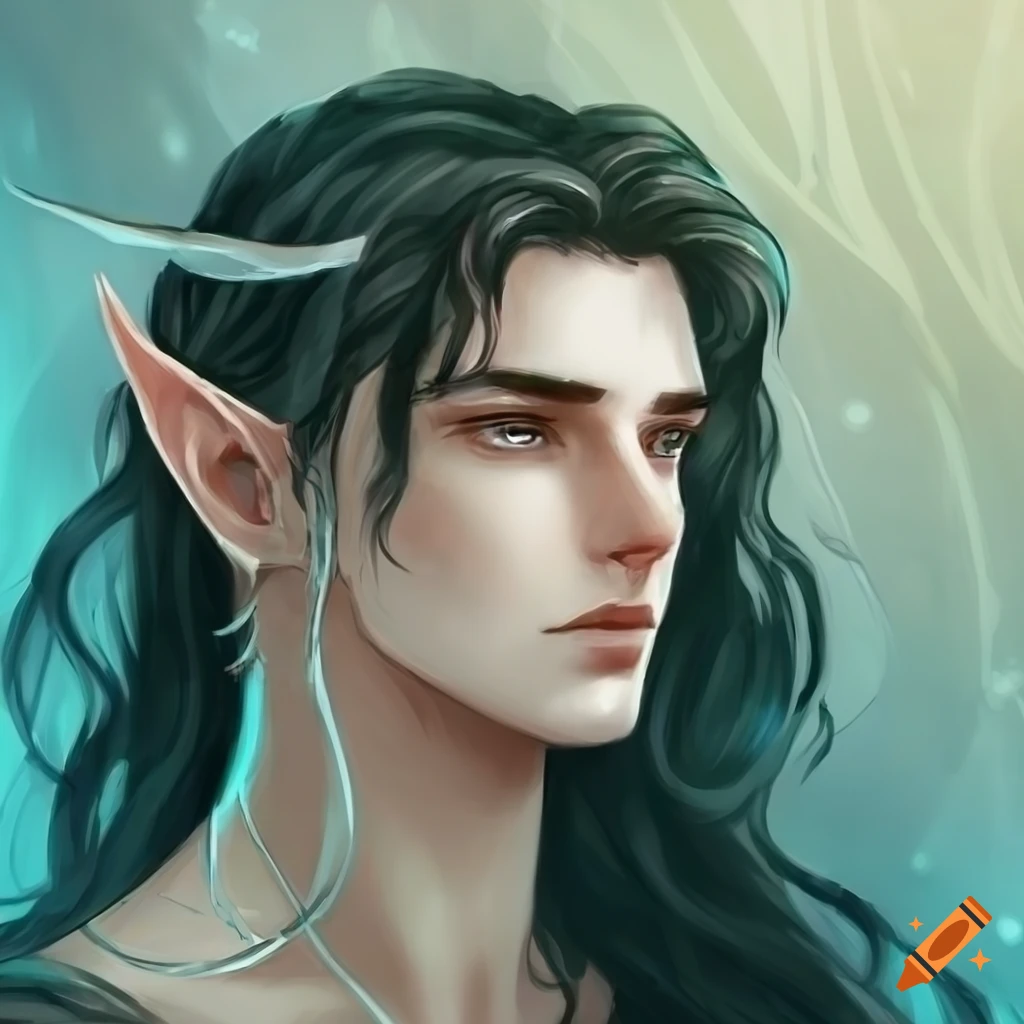 Classic tolkien artwork, male elf, black wavy hair, long hair, sea-like ...