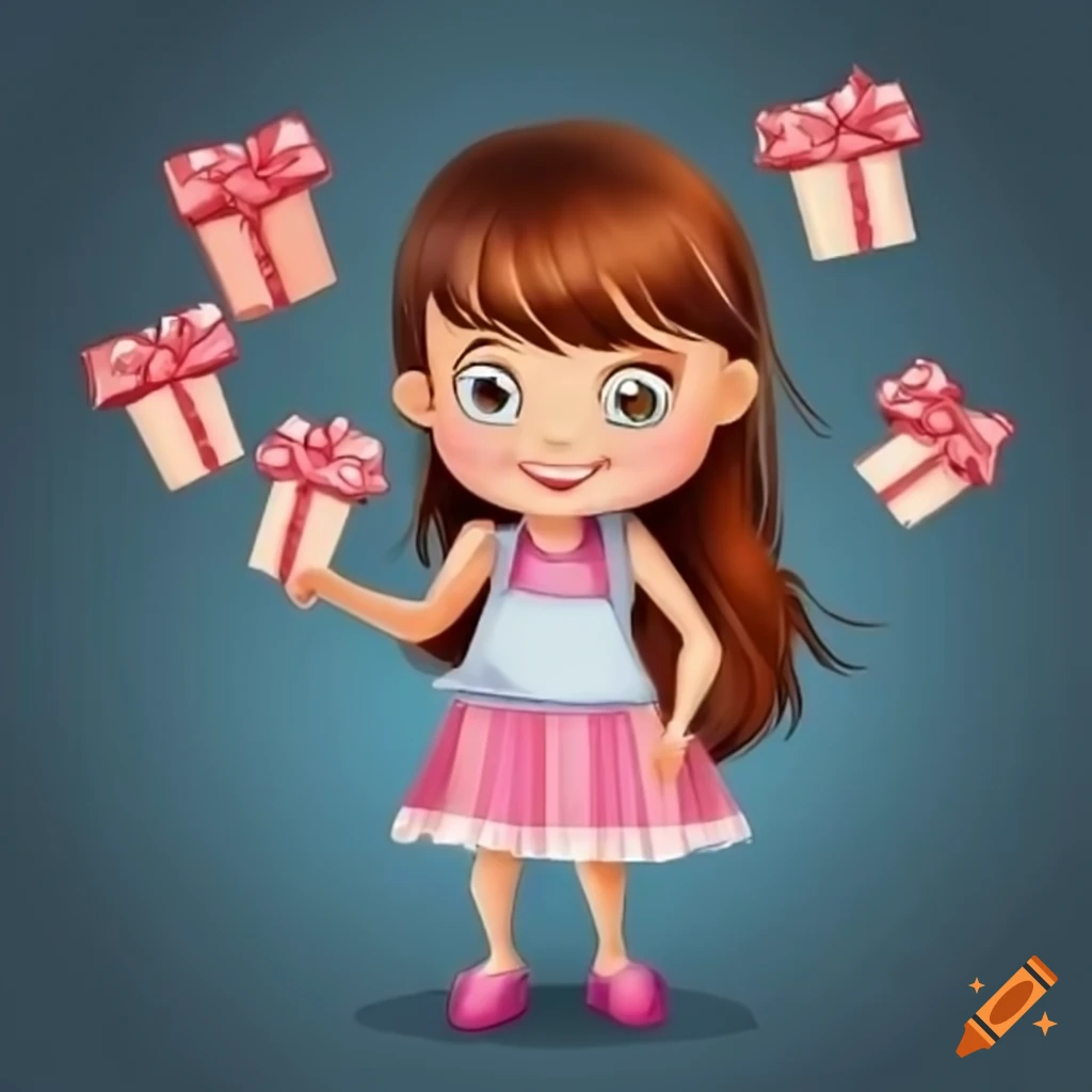 Adorable cartoon girl selling a gift with a big smile