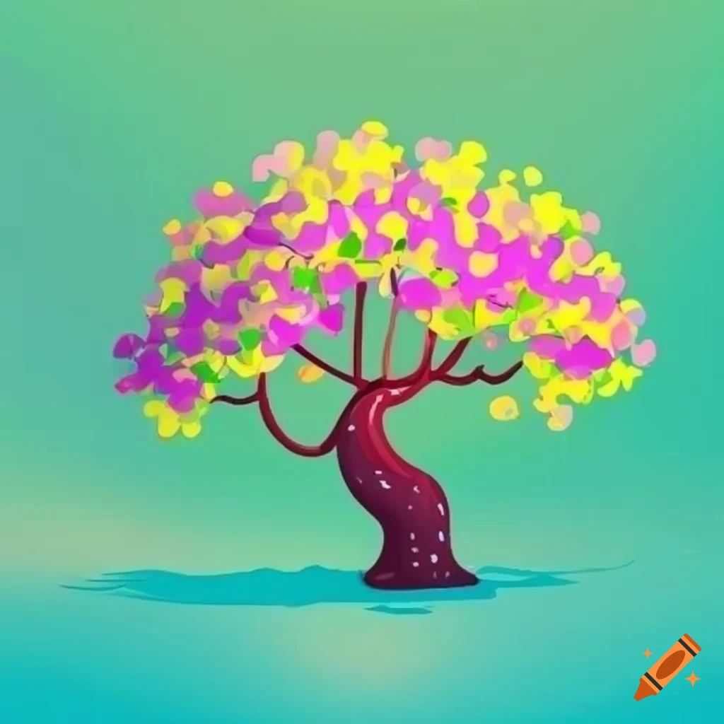 2d cartoon trees and flowers with yellow blue light green and light ...