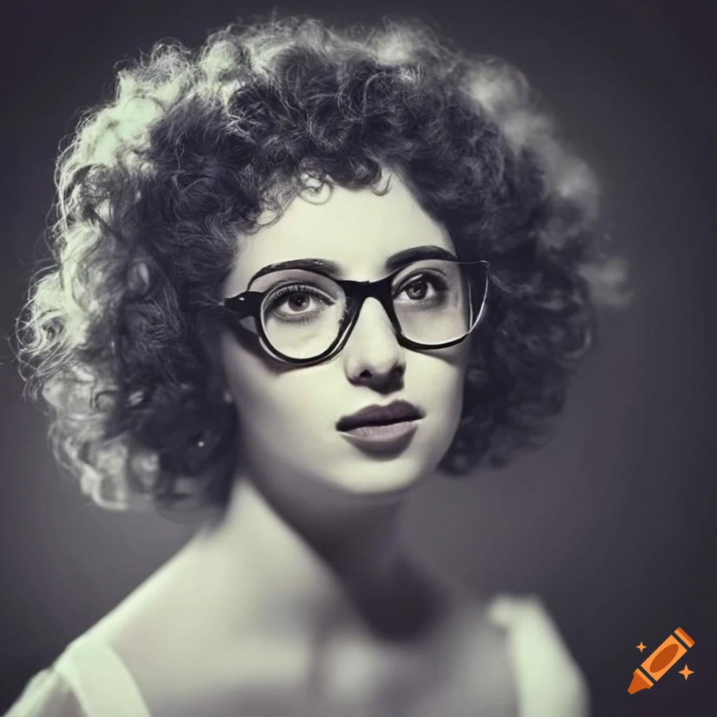 Retro noir 30's photo portrait jewish young curly woman with glasses in ...