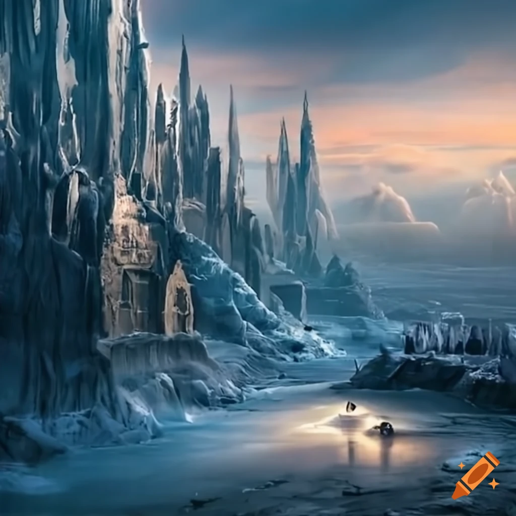 The lord of the rings , fantasy city built on a icy frost cliff on Craiyon