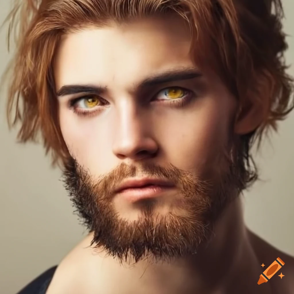 Man with brown hair and yellow eyes, pale, slight beard on Craiyon