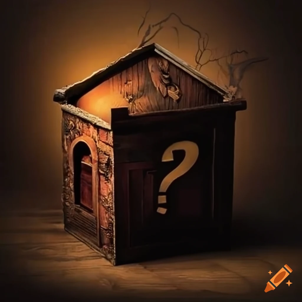 A scary box with question marks all over it in a haunted house