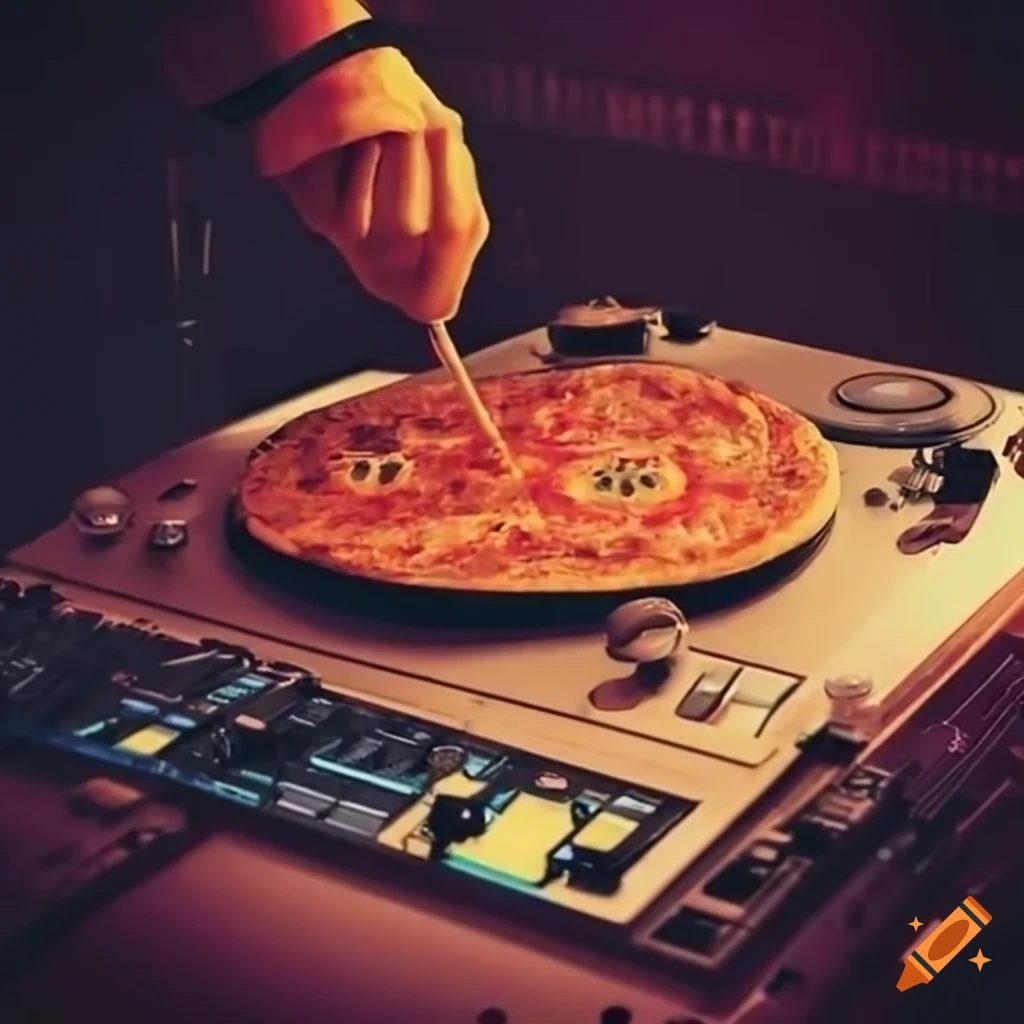Dj mixing on technics mk2 with a pizza vinyl on a farmer journey on Craiyon