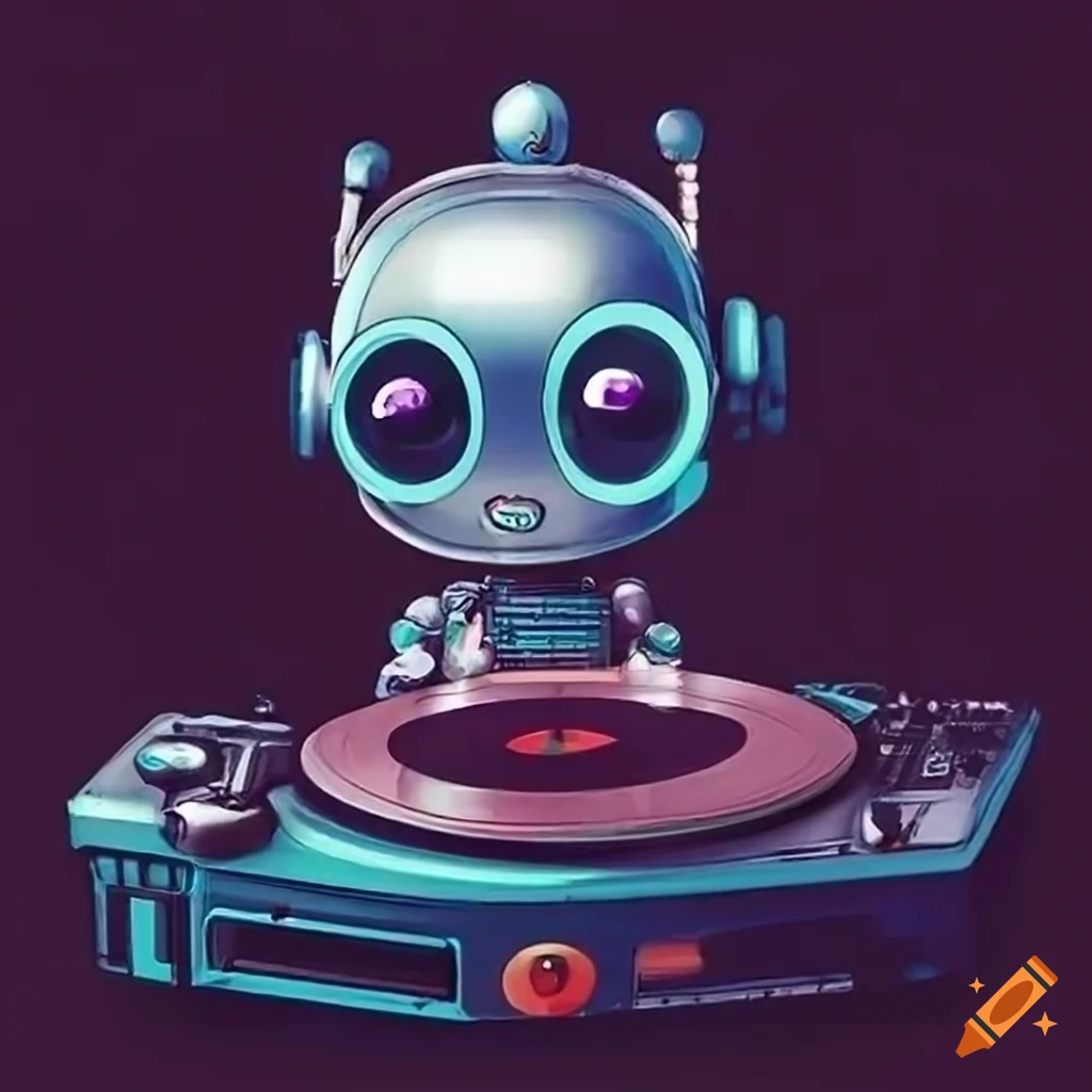 Record turntable dj chibi metallic robot with sphere head and circle